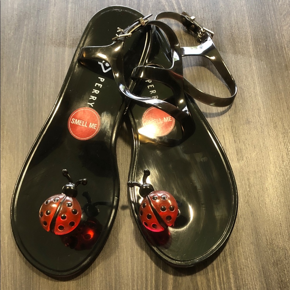 Katy Perry black sandals with red ladybug accents